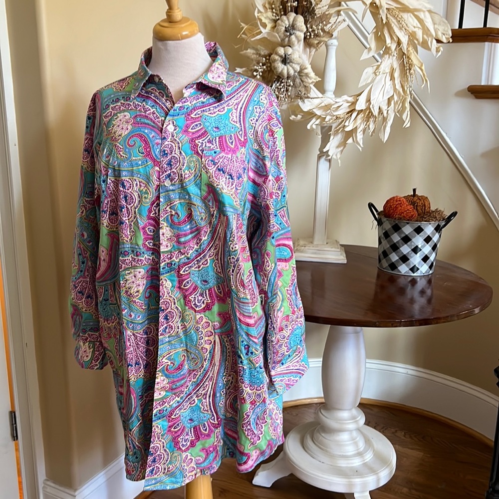 Lauren Ralph Lauren Pink & Teal Paisley Longline Sleep Shirt